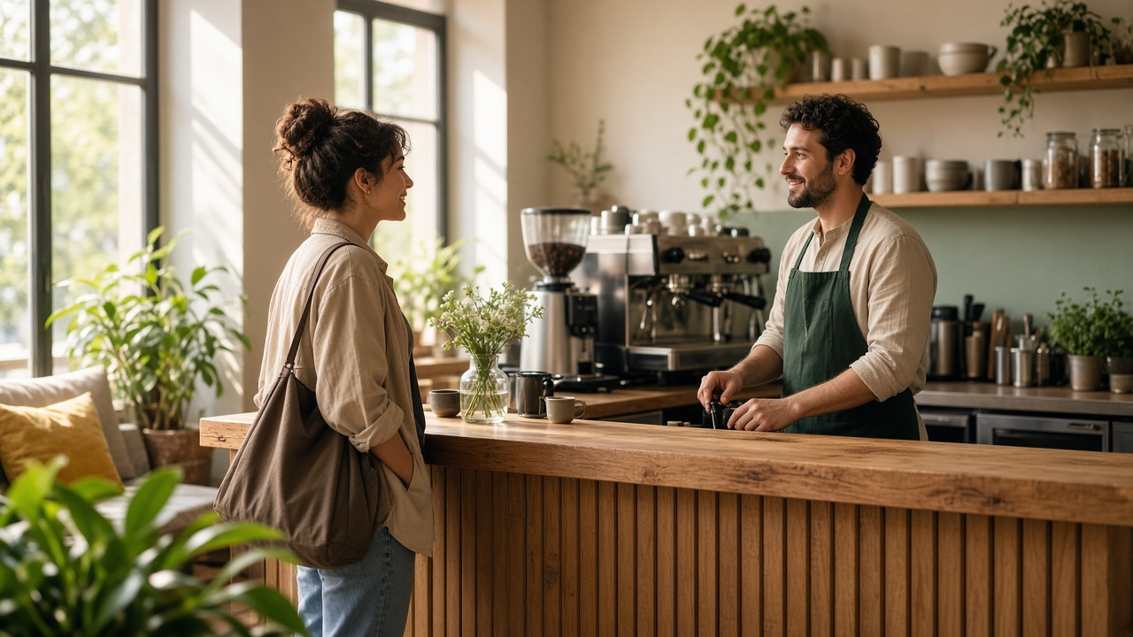 Customer and barista talking at a cafe counter for an English lesson video