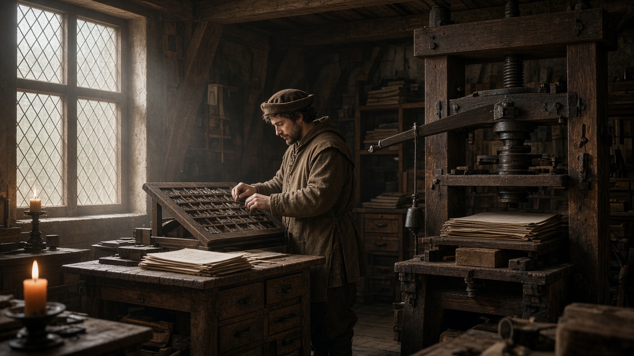 Fifteenth-century printing workshop with a wooden press and compositor