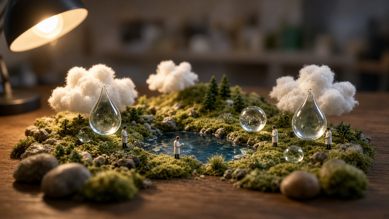 Miniature tabletop science diorama with tiny figures and a small lake