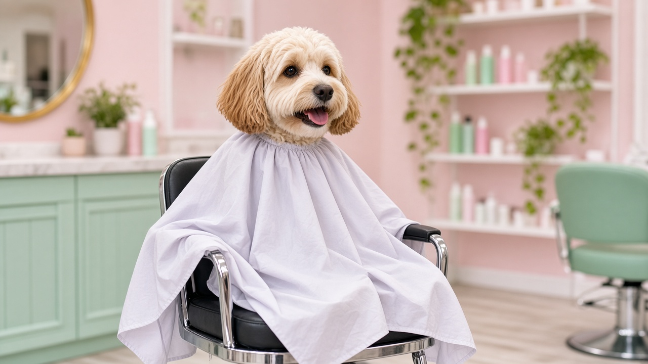 Fluffy dog in a barbershop cape sitting in a booster seat
