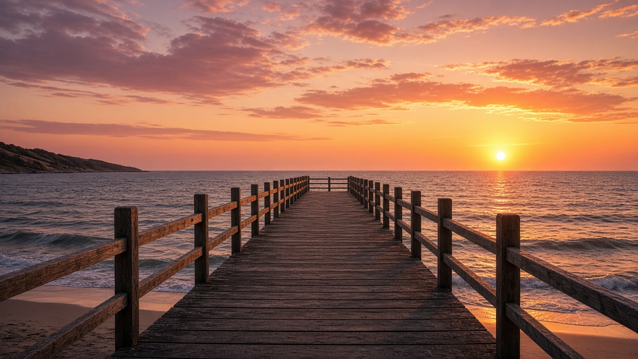 Wooden pier at golden hour sunset for a Raindance-inspired beach video