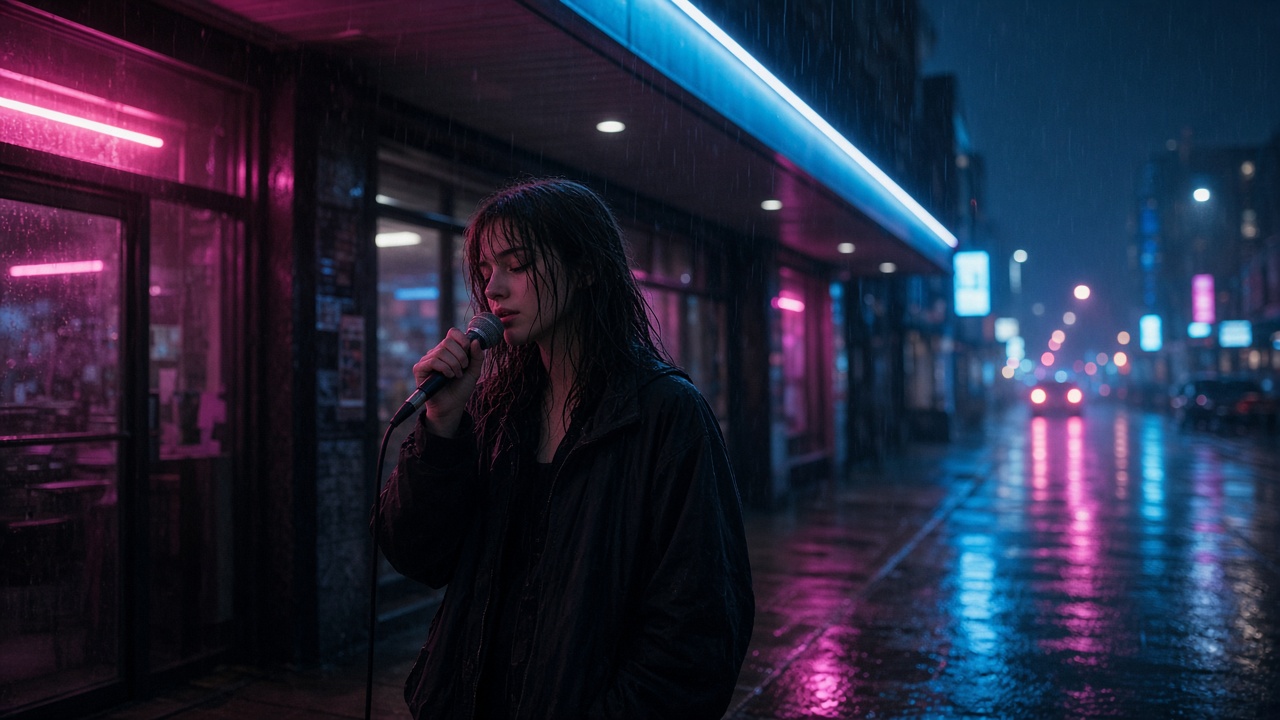 Singer under neon store awning on a rainy city night for an AI music video