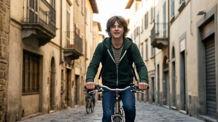 AI video example of a teenager cycling through an old European city district