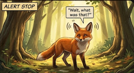 AI video example of a fox running through a sunlit forest
